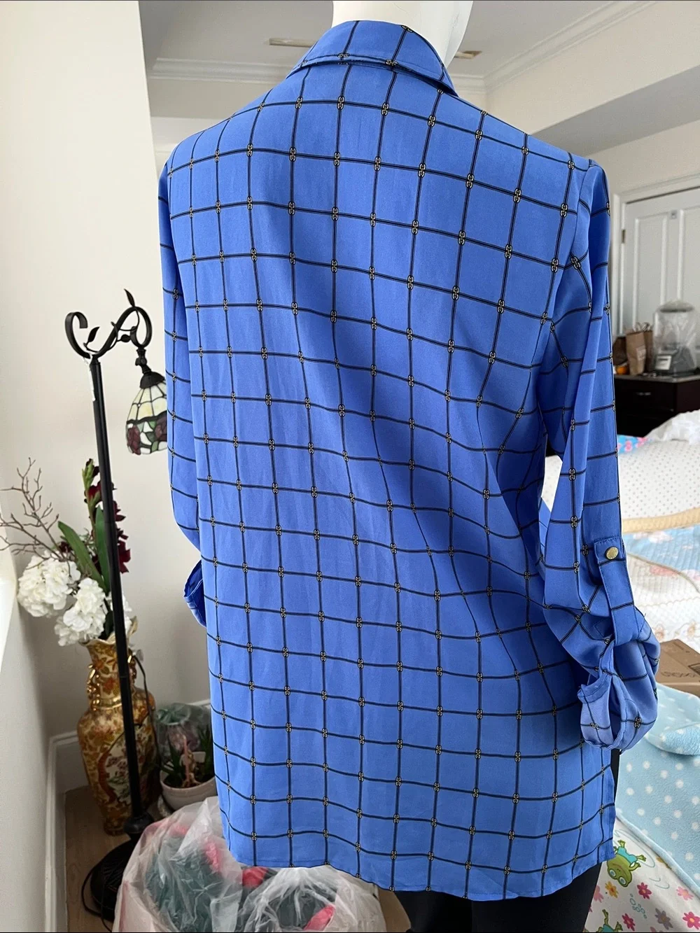 Michael Kors blue chain link windowpane blouse Zip-Front Size S